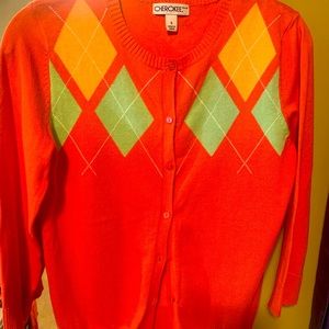 Orange Argyle front Cardigan sweater, 3/4 length sleeves, size small